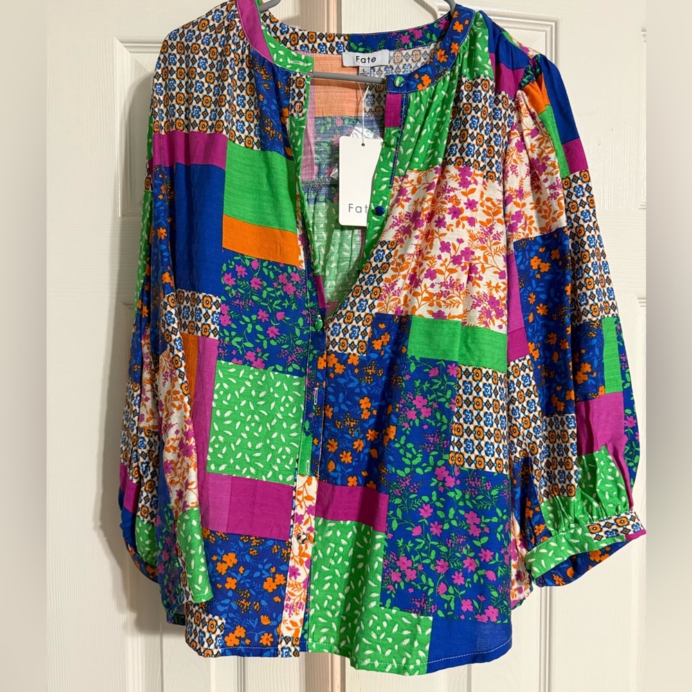 New with tags Large Fate Multicolor Patchwork Women's 3/4 Sleeve Top